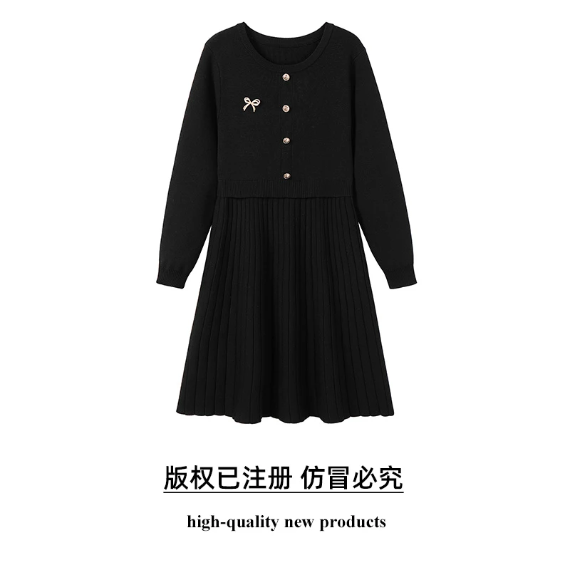 奢姿2025年早秋新款大码女装圆领休闲裙子胖妹妹针织假两件连衣裙