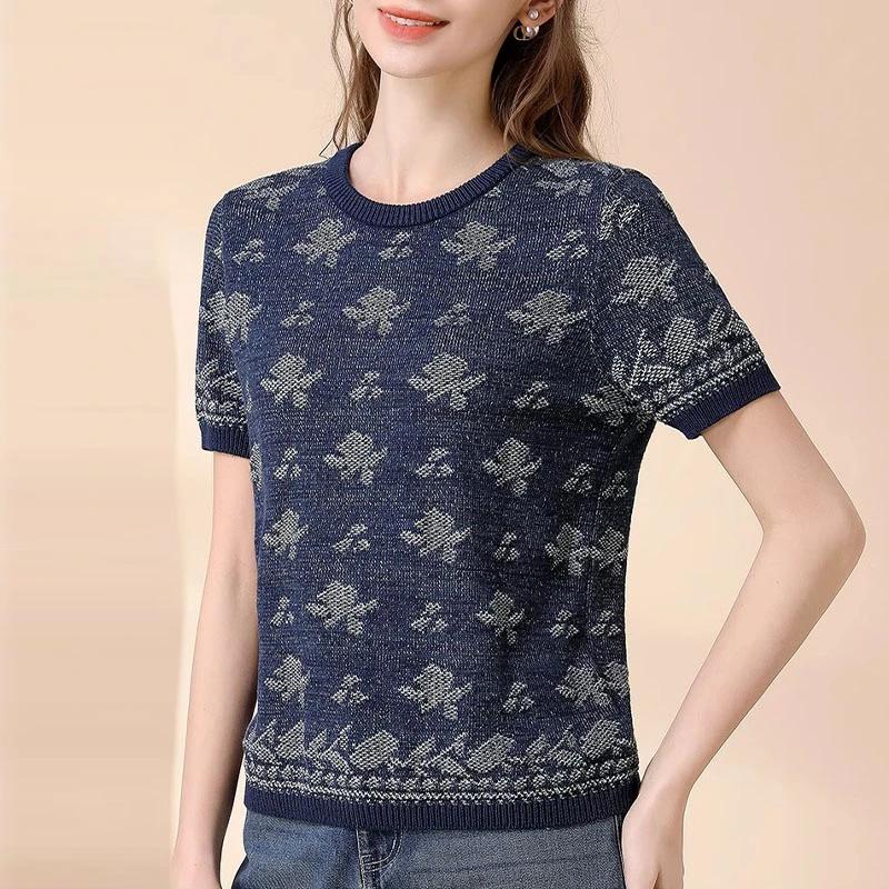 休闲简约风拼色圆领显瘦针织衫夏季新款优雅减龄通勤百搭短袖上衣