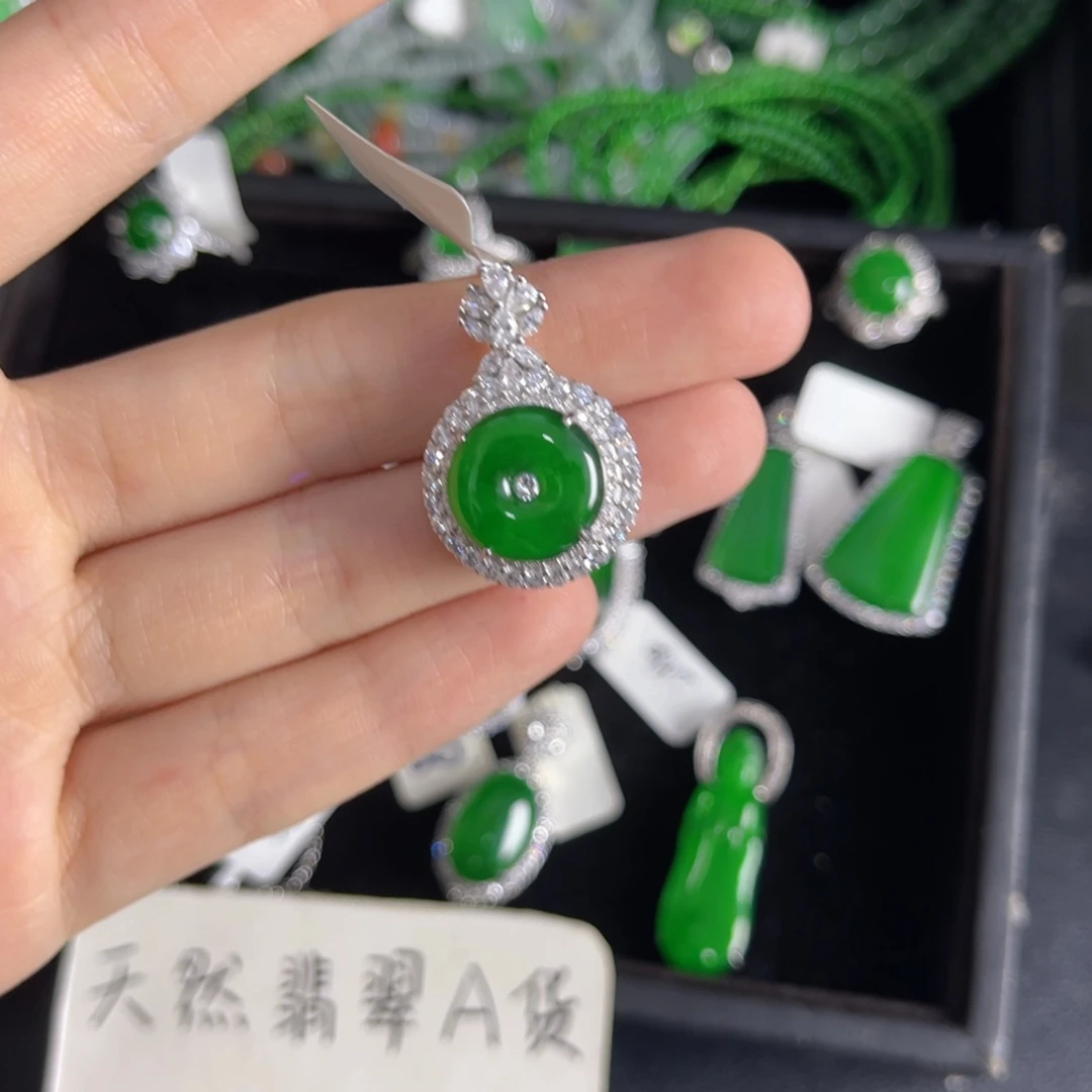 翡翠银S925镶嵌戒指平安扣吊坠