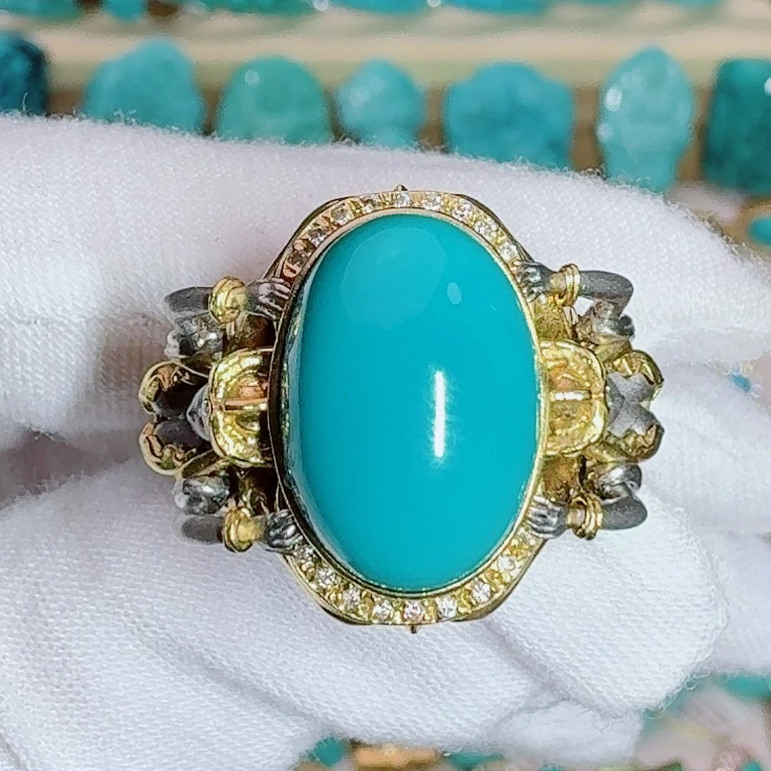 绿松石18K金镶嵌珠宝奇石饱满设计款雅典娜女神戒