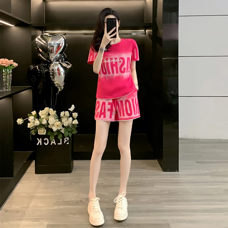 欧货时尚休闲运动套装女夏2025新款宽松字母印花短袖短裤两件套潮