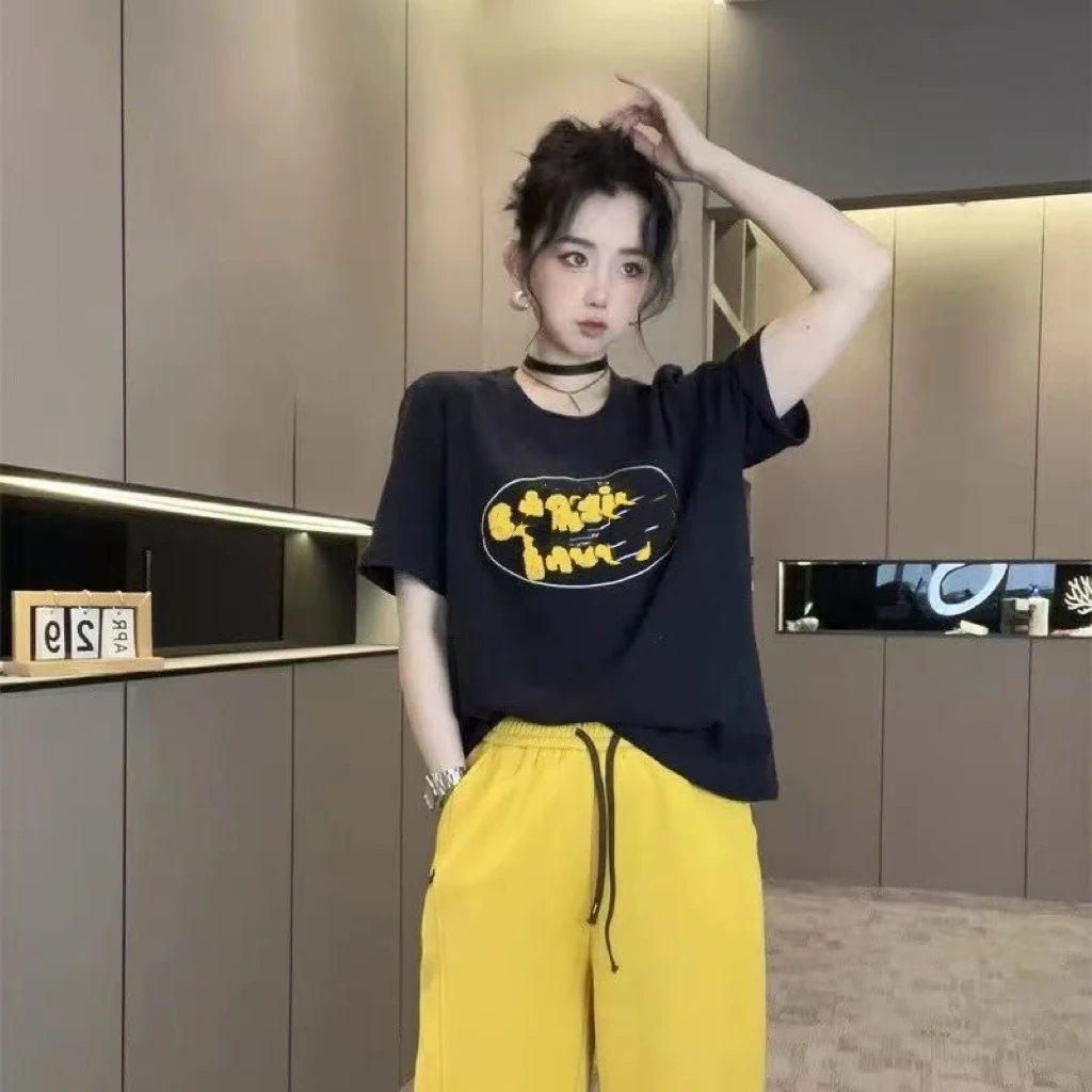 【95576】纯#时尚百搭字母短袖圆领上衣