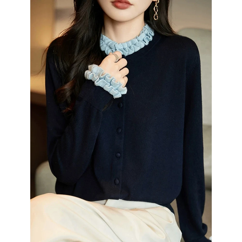 新款木耳边纯色长袖针织衫女毛衣韩版宽松秋季新款小众毛衣外套