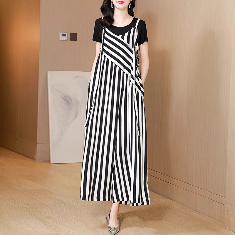 条纹撞色吊带连体裤女薄款2026夏季新款宽松遮肉夏季遮肉连体裤裙