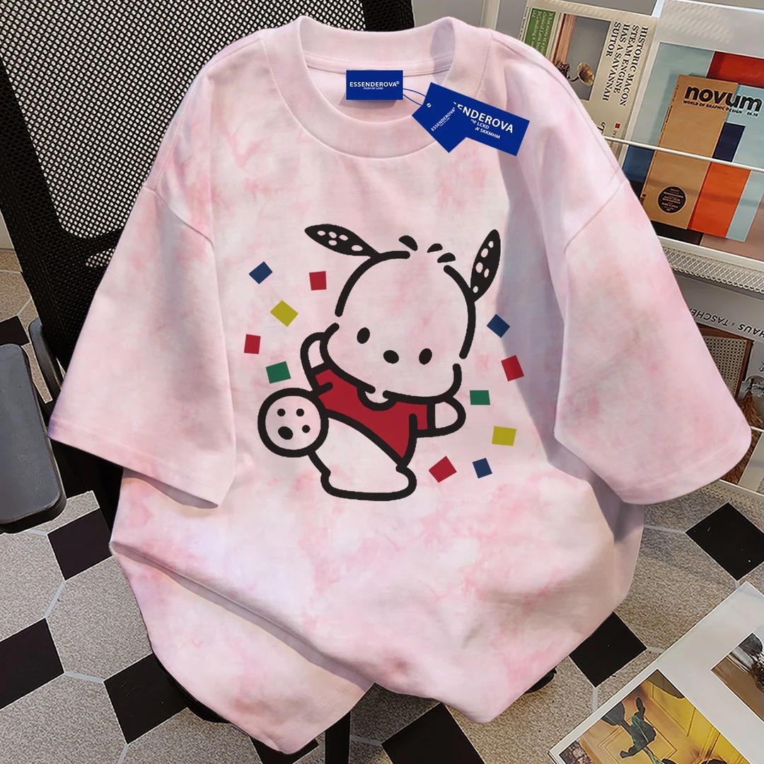 100%纯棉日系可爱风扎染短袖inst恤男女夏季爆款宽松圆领情侣上衣