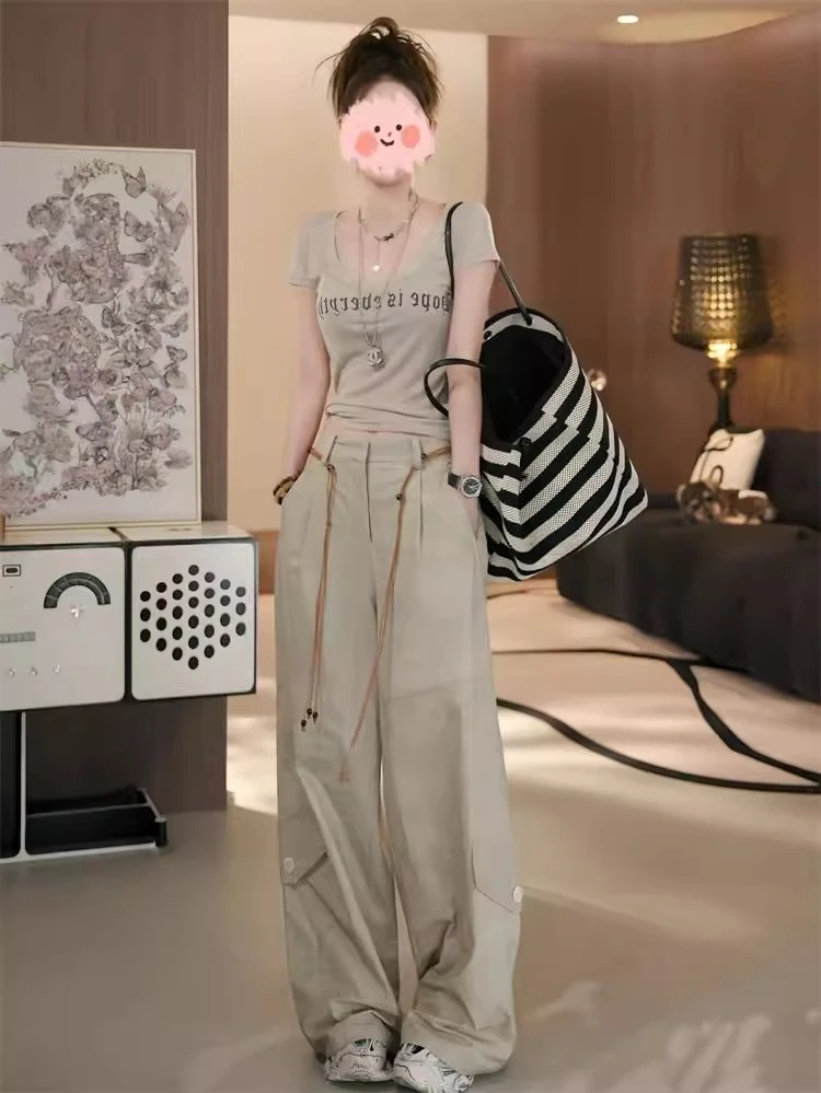 2025夏季新款时尚休闲洋气百搭印花短袖T恤+阔腿工装裤两件套套装