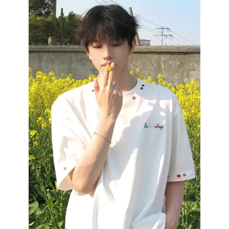 设计感彩虹刺绣t恤男夏季320g重磅纯棉多巴胺短袖正肩小领口半袖