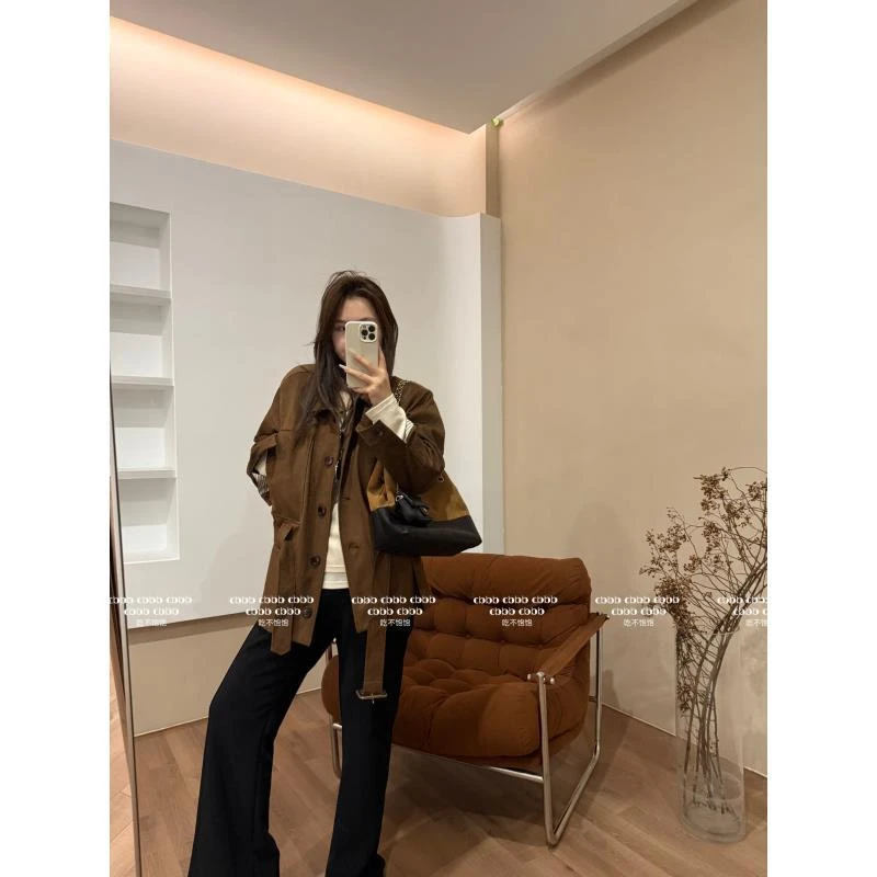 【吃不饱饱】大码 诺丁山落叶 韩版复古设计款麂皮收腰外套6105