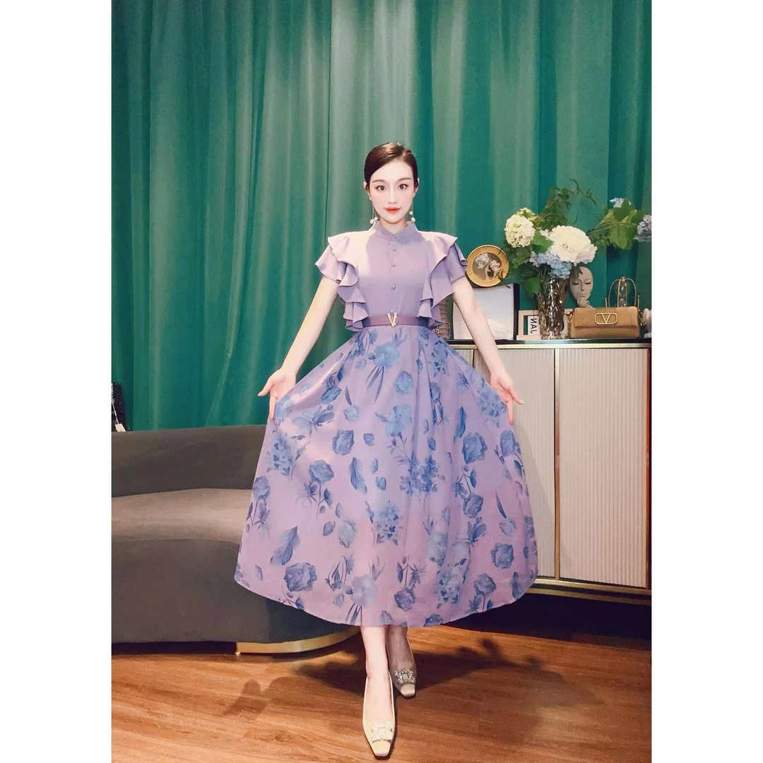 【商场高货】 夏季印花优雅紫色大摆女装连衣裙+腰带6211