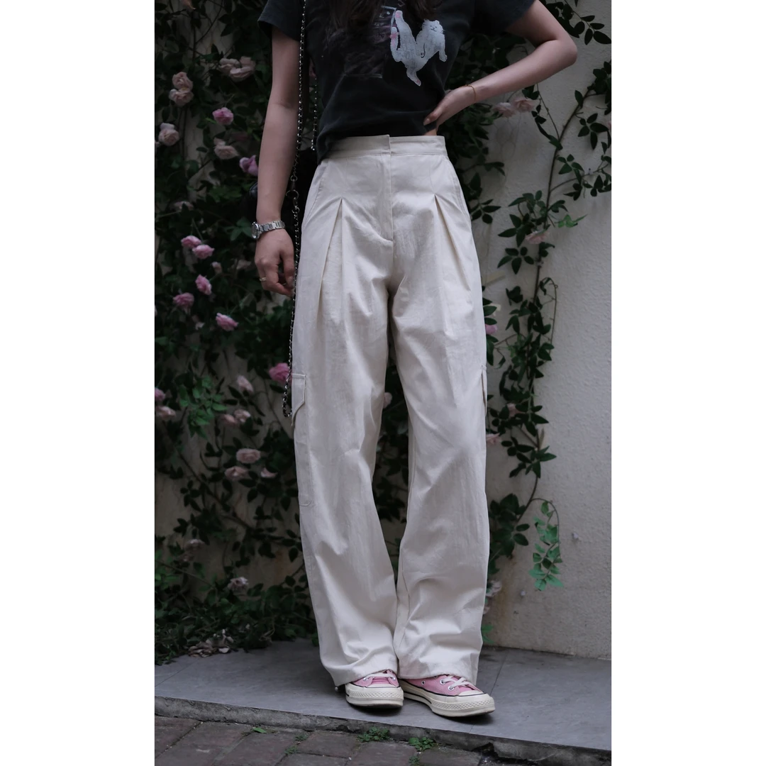 【泡菜工装裤】25春夏定制小个子杏色裤脚抽绳韩国进口工装裤长裤