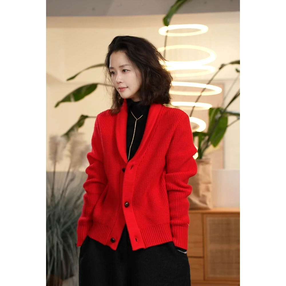 【叭哒不惑】小团圆 羊毛翻领单排扣针织开衫女秋冬气质简约毛衣