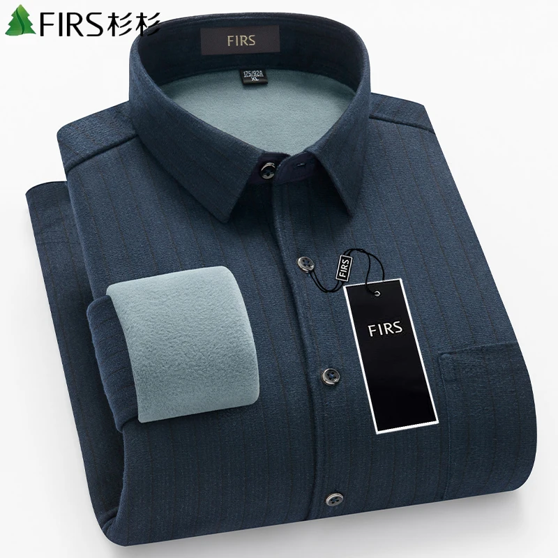 杉杉男士一体绒弹力保暖格子衬衫中老年冬季加绒加厚无痕长袖衬衣