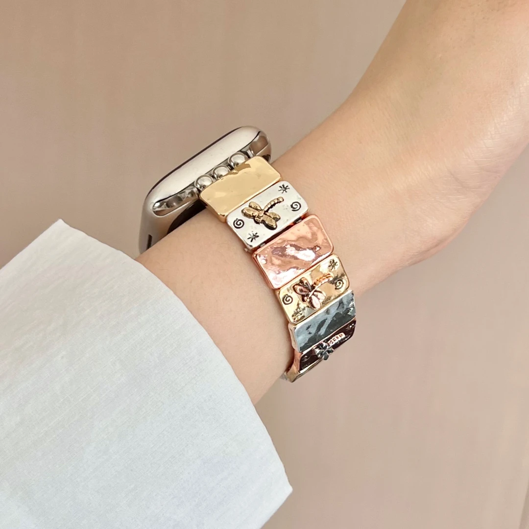 适用applewatchS9表带iwatchS8苹果S10手表se浮雕蜻蜓7金属弹力绳