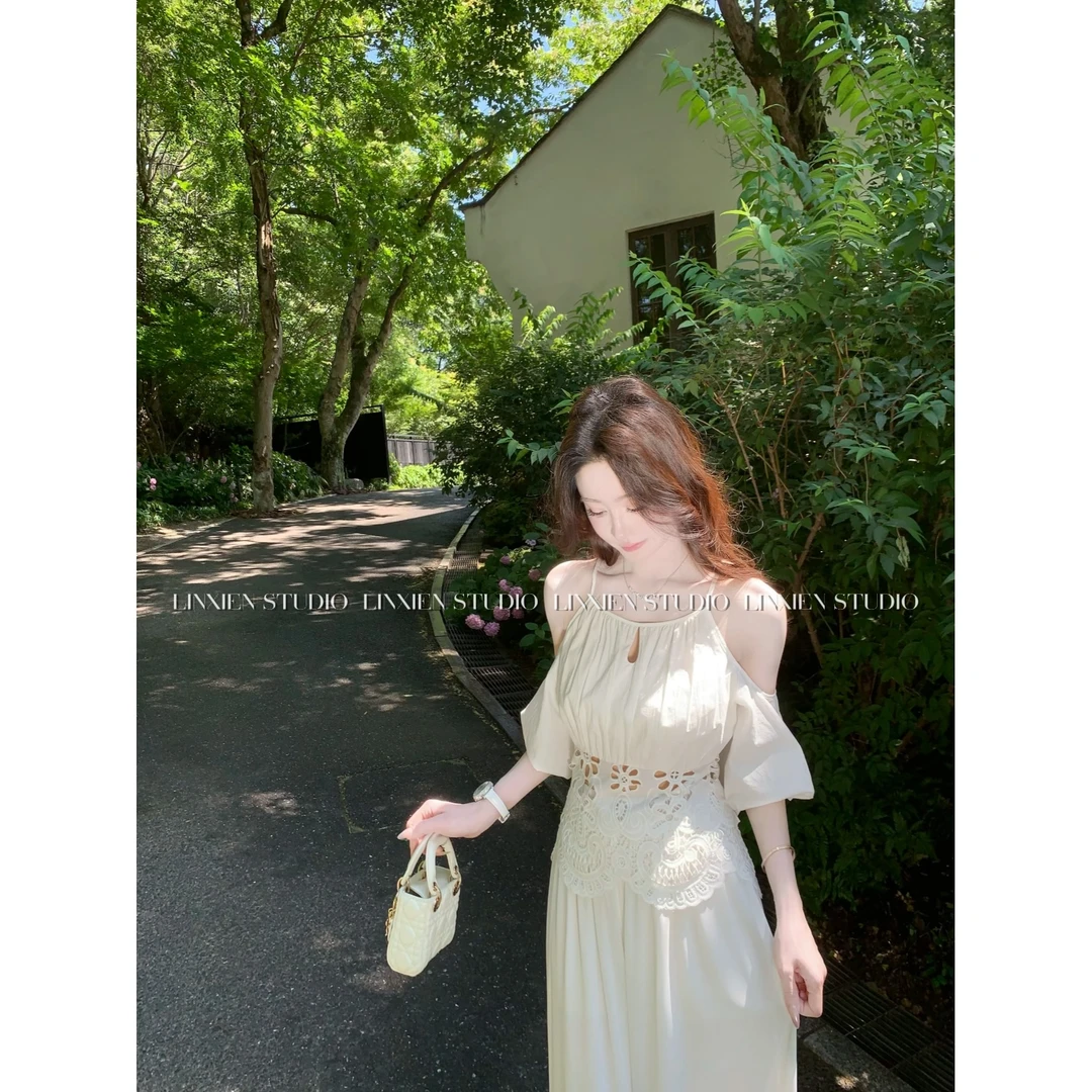 西恩定制●【繁花佳人】重奢蕾丝镂空挂脖露肩上衣LNX5TZ1653-SY