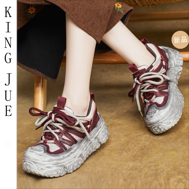 【王爵】 真皮复古休闲厚底粗跟防滑耐磨  圆头系带英伦风撞色女鞋