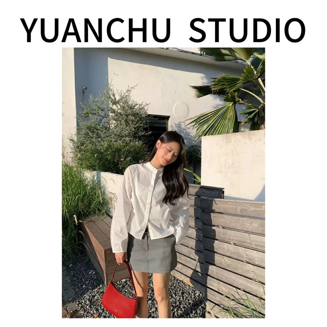 【YC】2025设计感褶皱立领收腰长袖衬衣女25春季百搭上衣