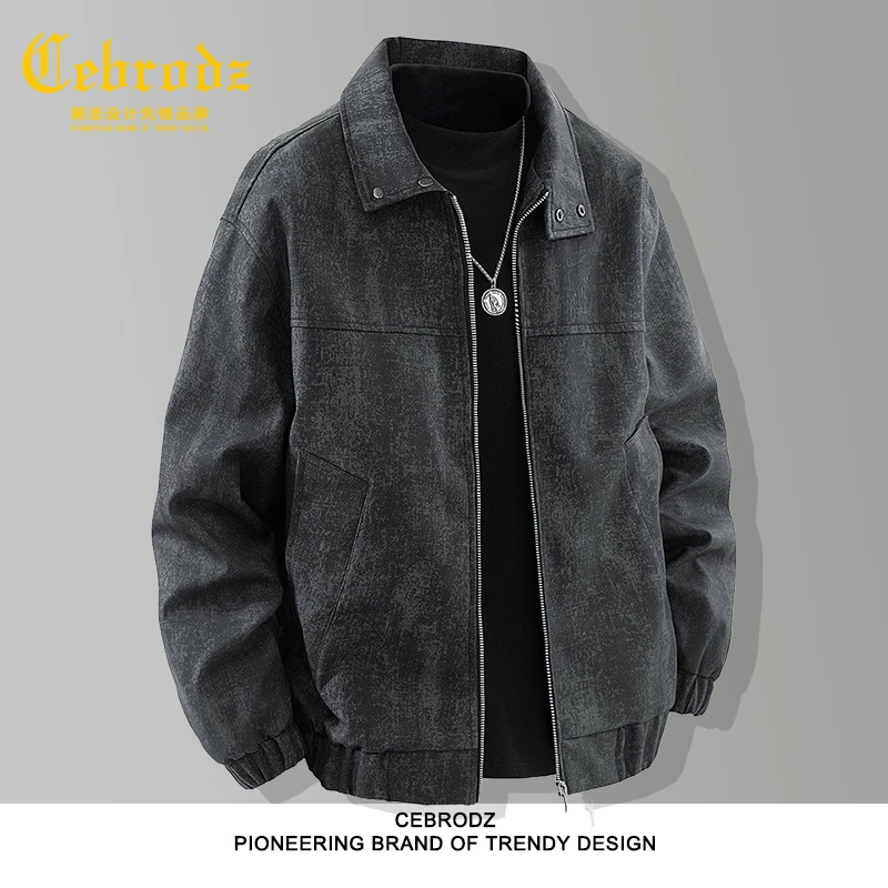 法国Cebrodz男士秋季常规款美式咖色机车夹克简约风扎染春季立领