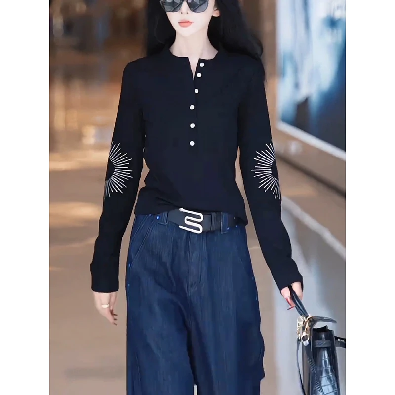 大码微胖MM黑色烫钻圆领长袖t恤女2025秋季休闲百搭显瘦黑色上衣