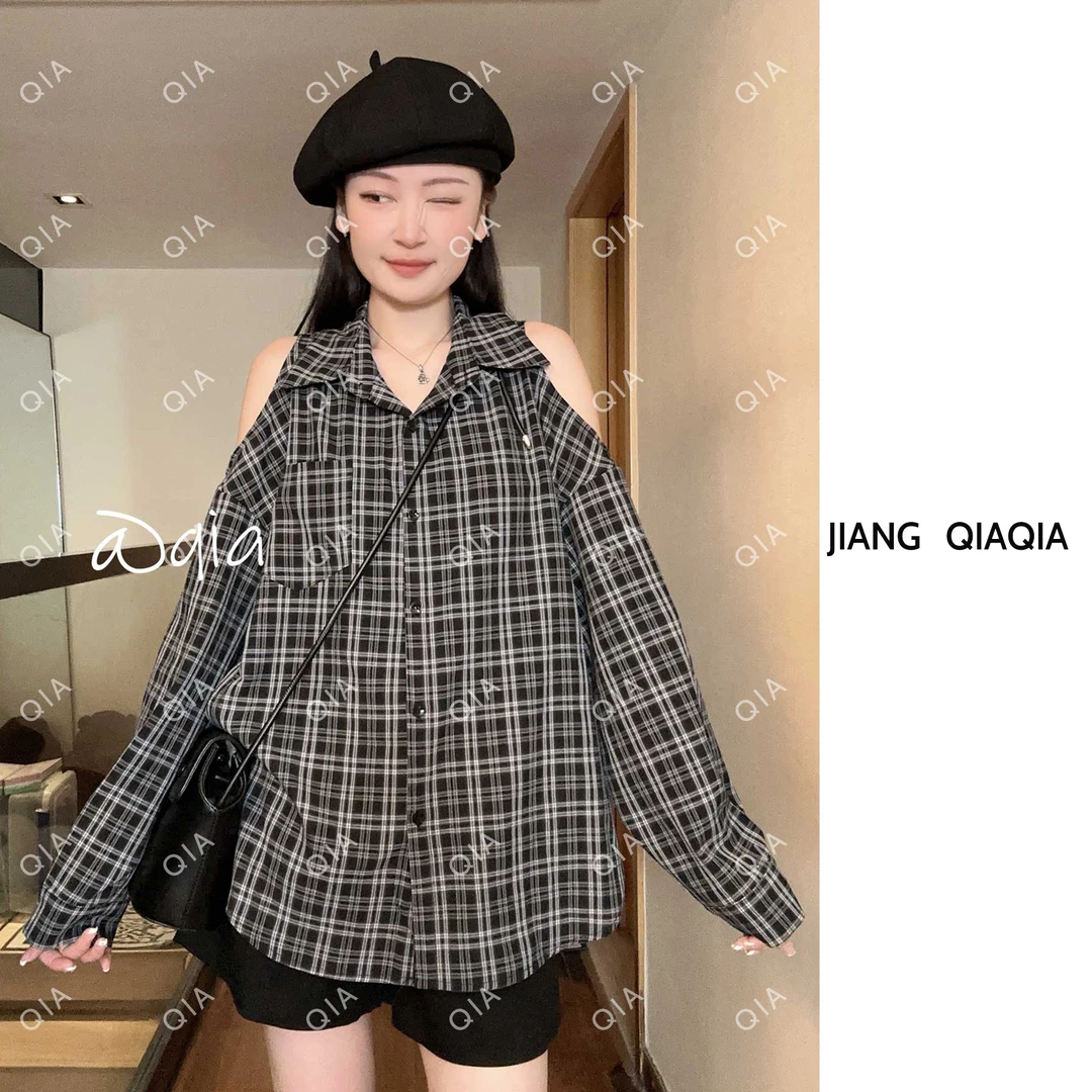 姜恰恰—【麦芬】原创小众设计长袖露肩春秋宽松格子衬衫女款