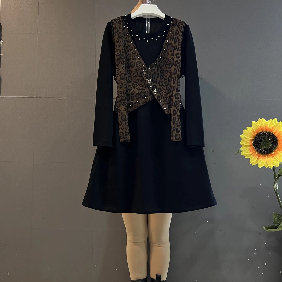 新款时尚豹纹拼接假两件收腰显瘦气质连衣裙