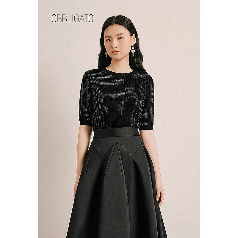 OBBLIGATO奥丽嘉朵2025春季1C35106030新品烫钻羊毛混羊绒毛织衫