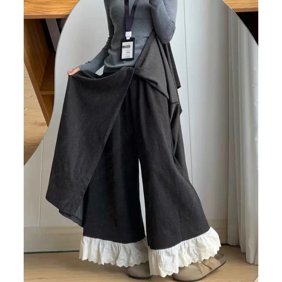 裙裤女秋冬爆款2025新款假两件慵懒风蕾丝拼接毛呢糯米阔腿裤子