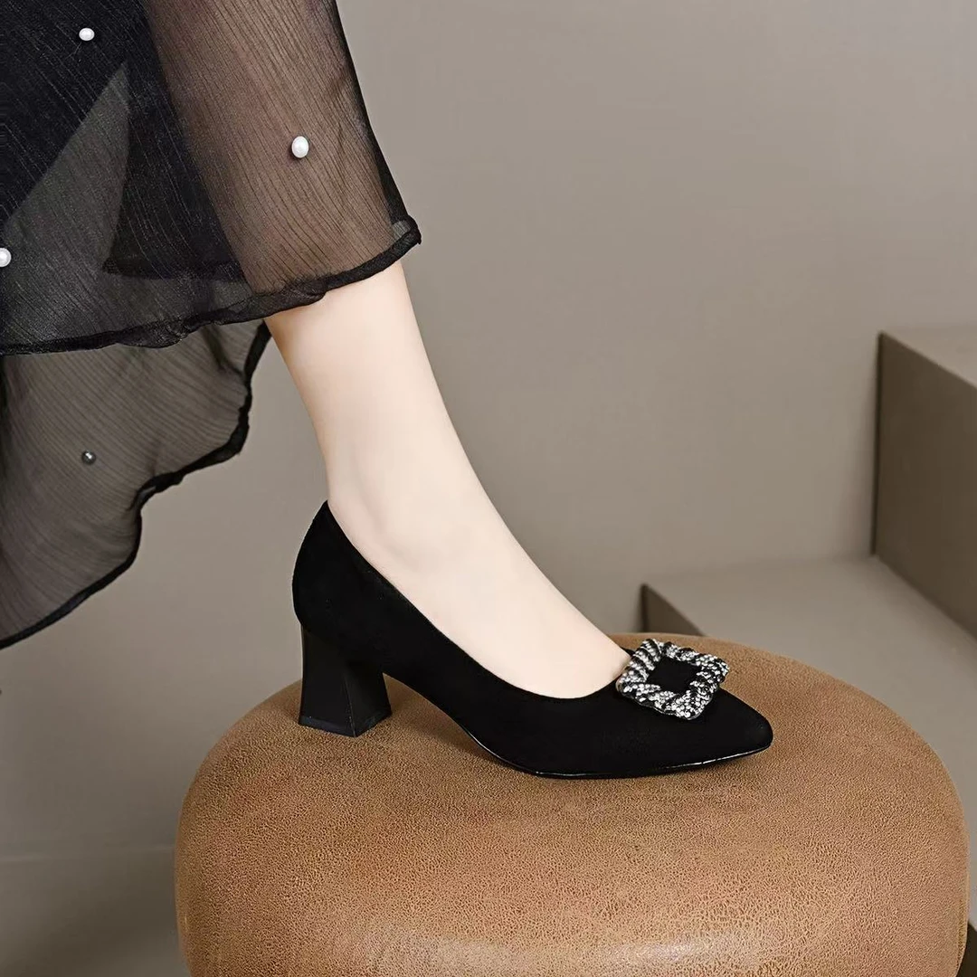 【工厂直销】新款时尚洋气尖头女鞋气质粗跟单鞋春季浅口小单鞋