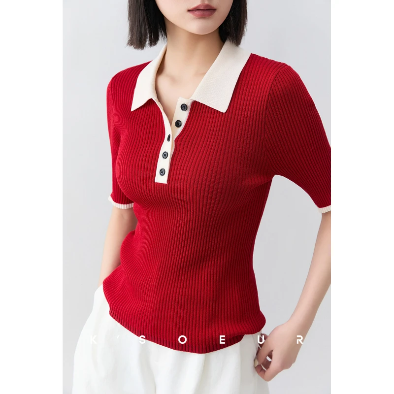 K姐KSOEUR【当红POLO衫】撞色设计半门襟POLO领修身针织衫