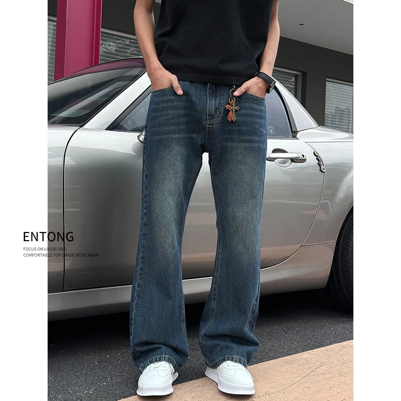 Entong美式街头复古宽松水洗微喇牛仔裤男生百搭显瘦直筒vibe裤子