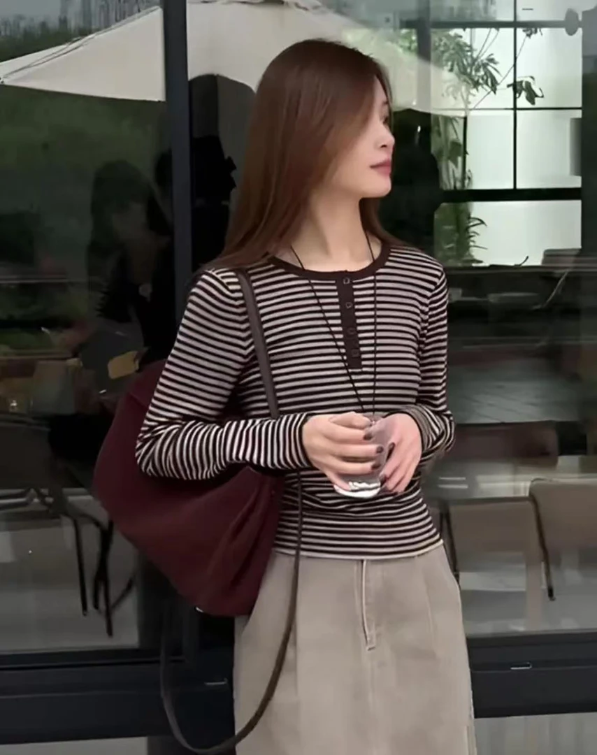 尾单高品质竹浆纤维女士条纹打底衫1092