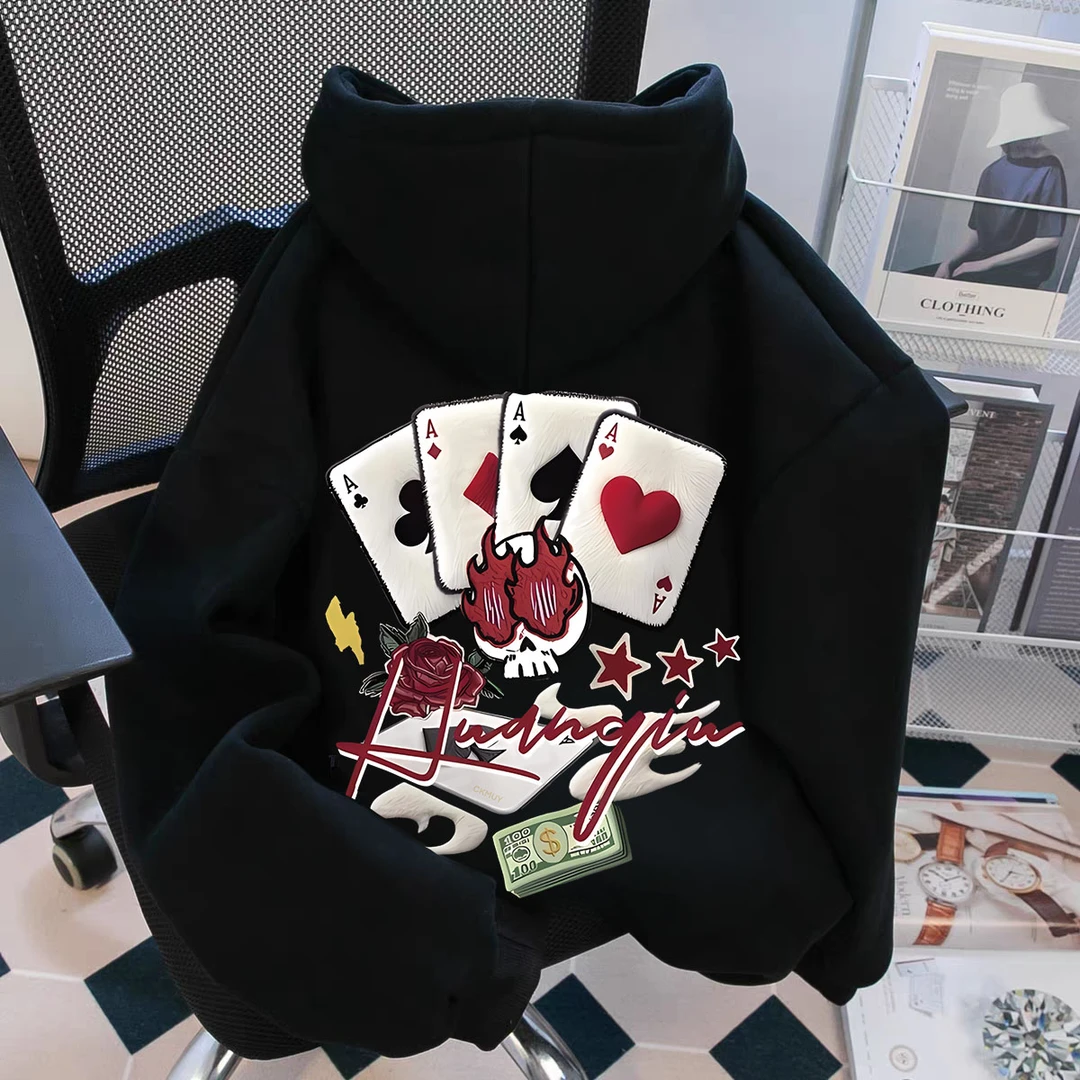 重磅500克加绒加厚连帽卫衣宽松秋冬季高街痞帅扑克男女同款男装Z