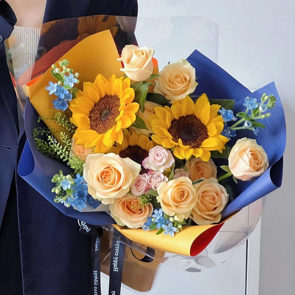 【浅夏时光】向日葵香槟玫瑰混搭鲜花花束送女友送闺蜜送男友送朋友生日送长辈老师花店送花上门