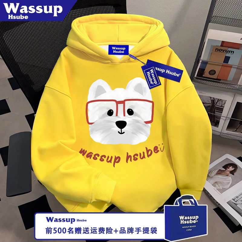 WASSUP HSUBE连帽套头秋冬季黄色卫衣眼镜小狗印花男女款柔软上衣