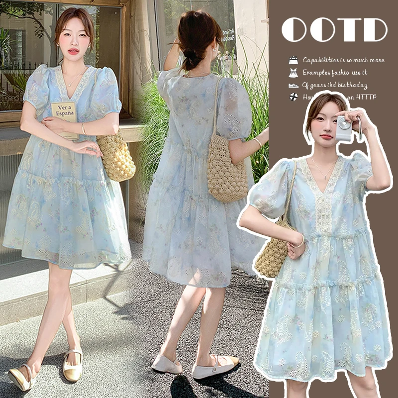 孕妇蓝色刺绣印花连衣裙小清新a字裙新款小个子森系甜美减龄显瘦