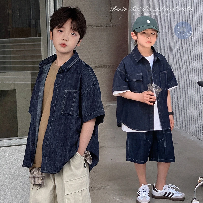 在仓【超薄牛】源源家童装2025新款牛仔衬衫男童短袖衬衣上衣夏5