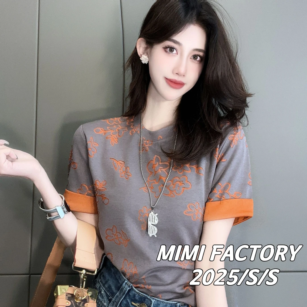 2025新款短袖 创意花朵双色面料短袖T恤女修身显瘦上衣2792#