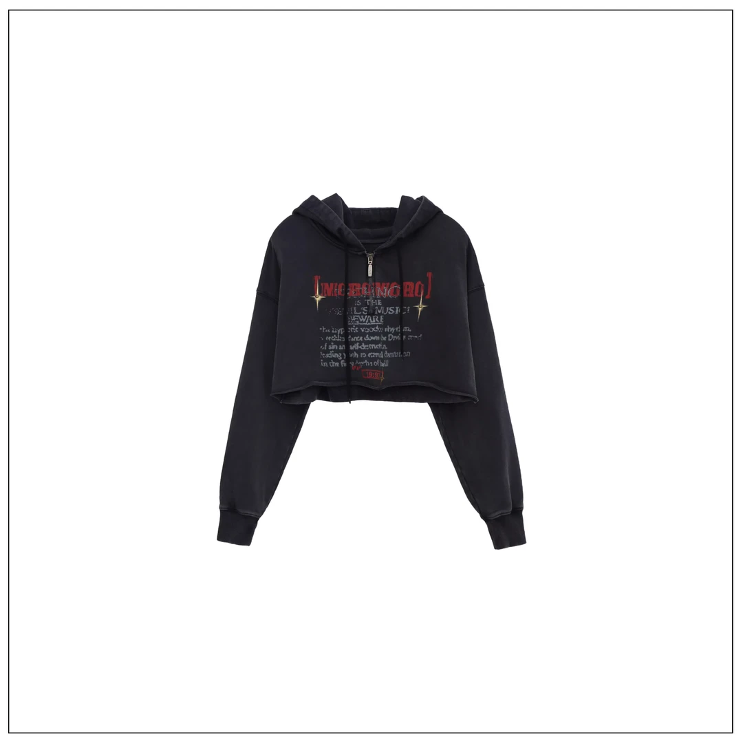 【上海】Moromoro美式复古连帽卫衣开衫女不规则骨位刷浆印花外套