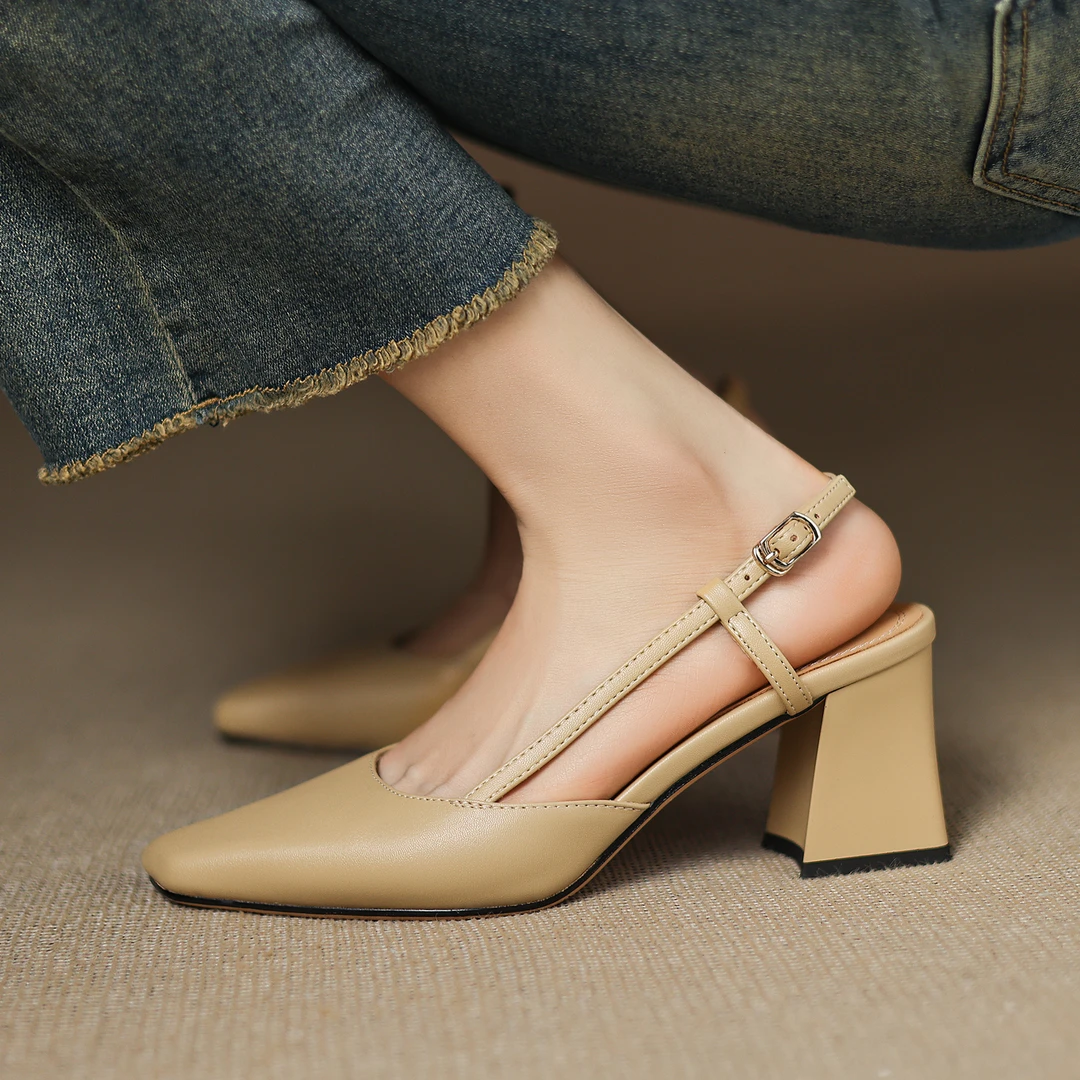 【跟高6cm】百搭斜头舒适包头高跟鞋女粗跟凉鞋女方头柔软新款女鞋