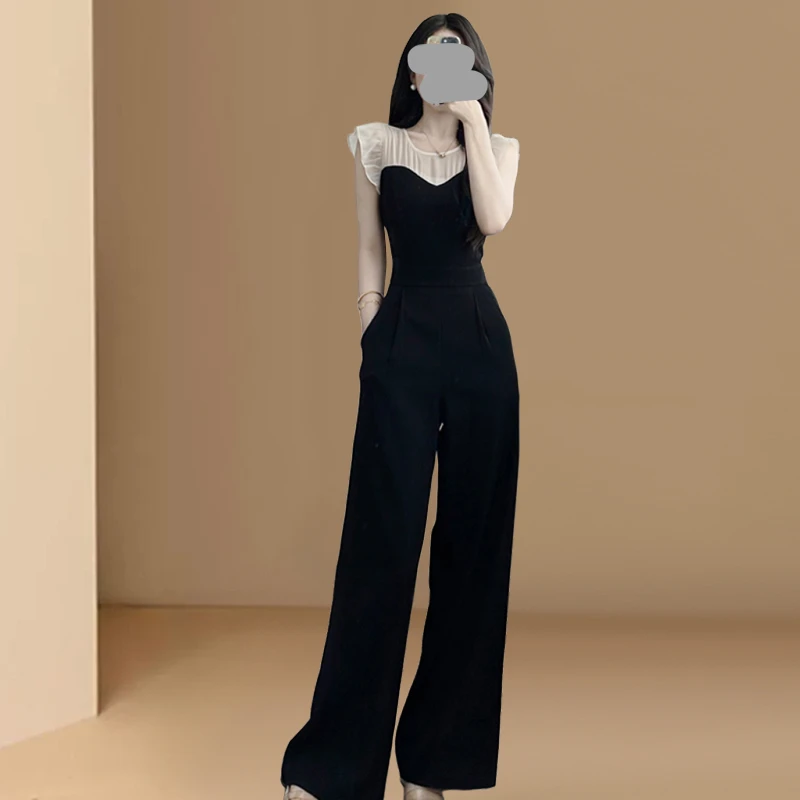 欧洲站气质连体裤高腰显瘦夏季休闲直筒裤假两件无袖黑色连衣裤女