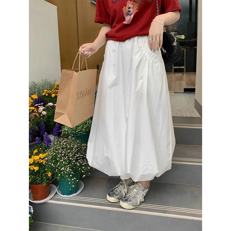 韩系氛围感白色花苞裙女夏季薄款松紧腰休闲百搭褶皱中长款半身裙