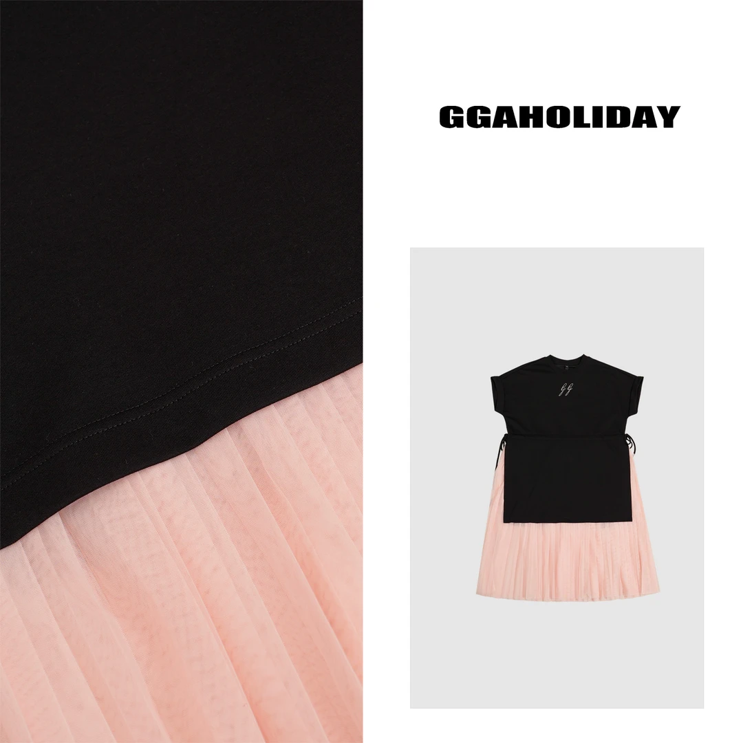 GGAHOLIDAY夏季时尚显瘦气质假两件网纱拼接短袖连衣裙-152430