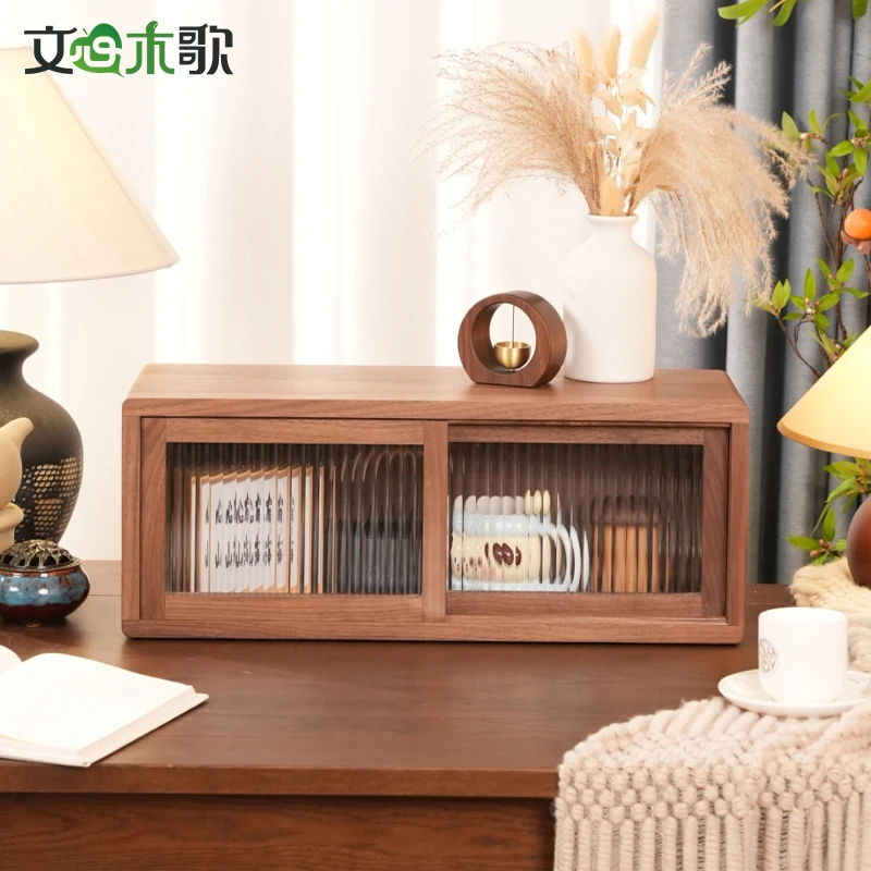 黑胡桃长虹玻璃单层收纳柜储物柜收纳柜抽屉式客厅简约