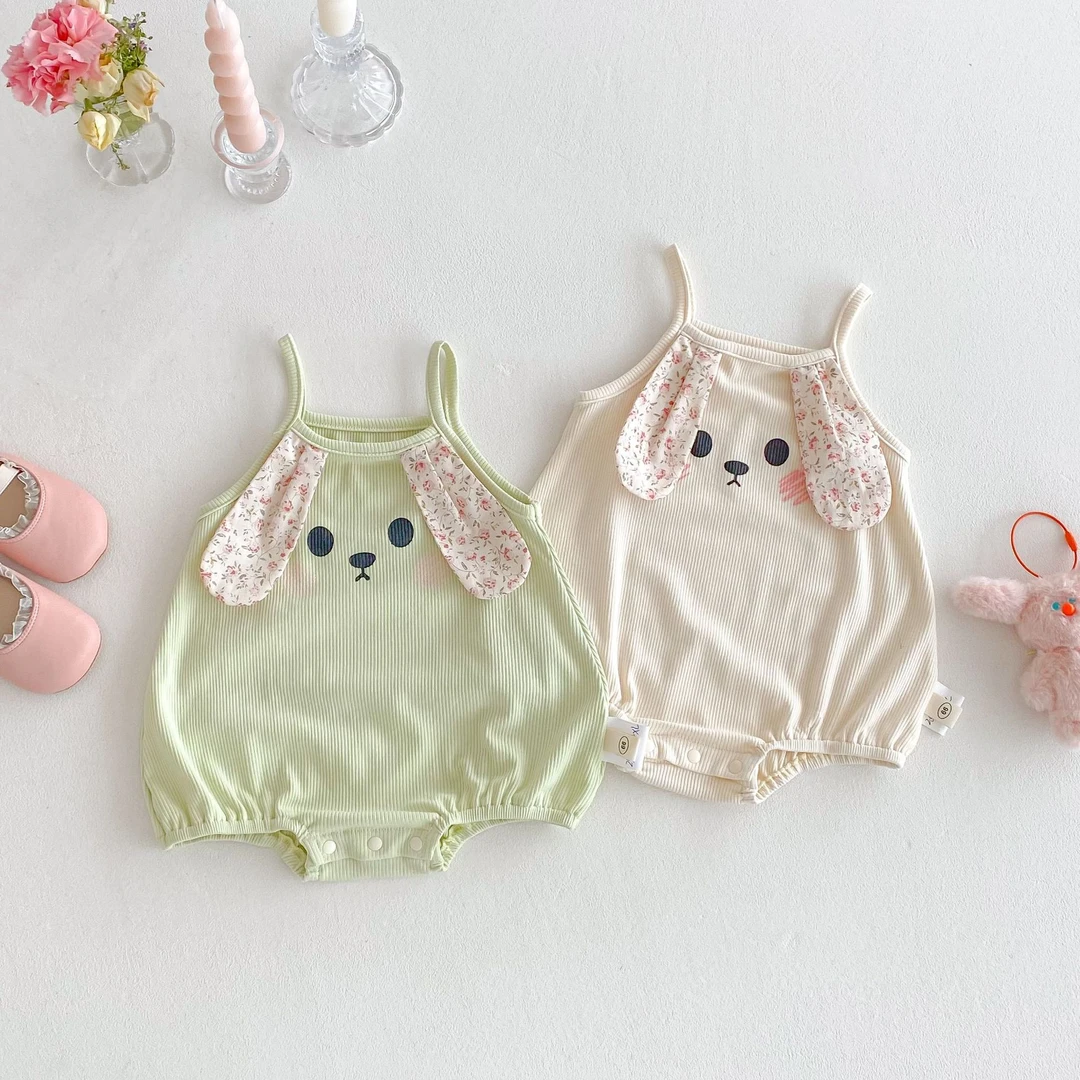 婴儿卡通包屁衣2025新款夏季男女宝宝立体耳朵小兔子吊带三角哈衣