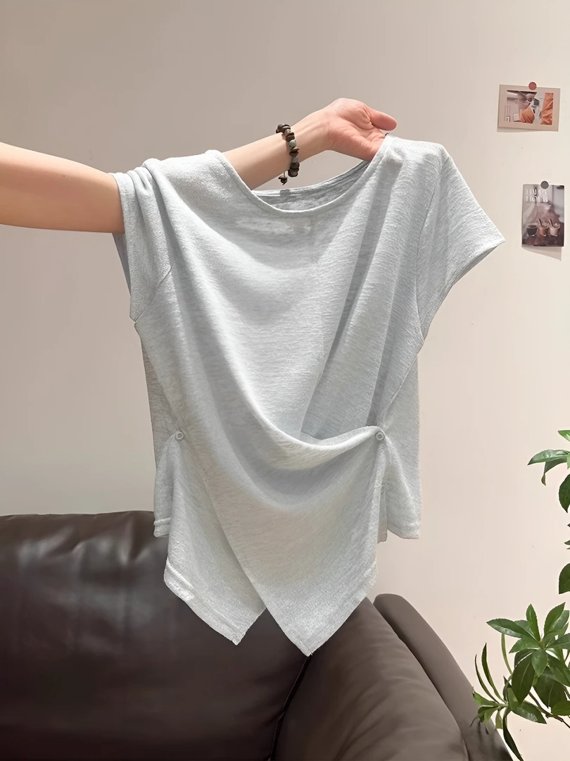 清仓外贸~正品剪标奢侈款减龄百搭纽扣圆领短袖T恤女欧若风穿搭