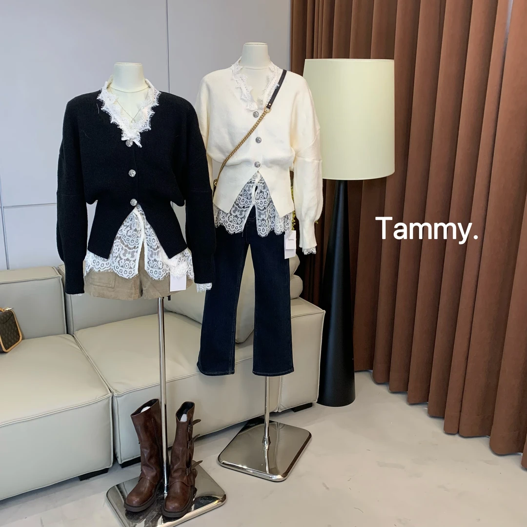 TammyV领纯色毛衣开衫+蕾丝休闲打底衫女秋季真两件叠穿套装