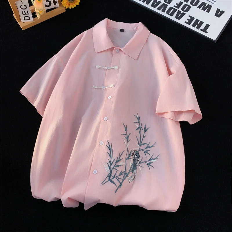 夏季大码上衣男常规刺绣复古中国风衬衫印花宽松衬衣学生夏装中式