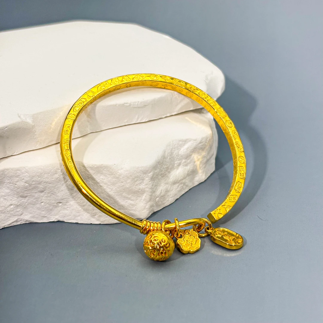 足银手镯 吉言挂铃开口手镯