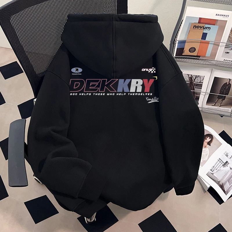 Dekkry潮牌设计字母印花秋冬加厚连帽开衫卫衣男女款百搭拉链外套