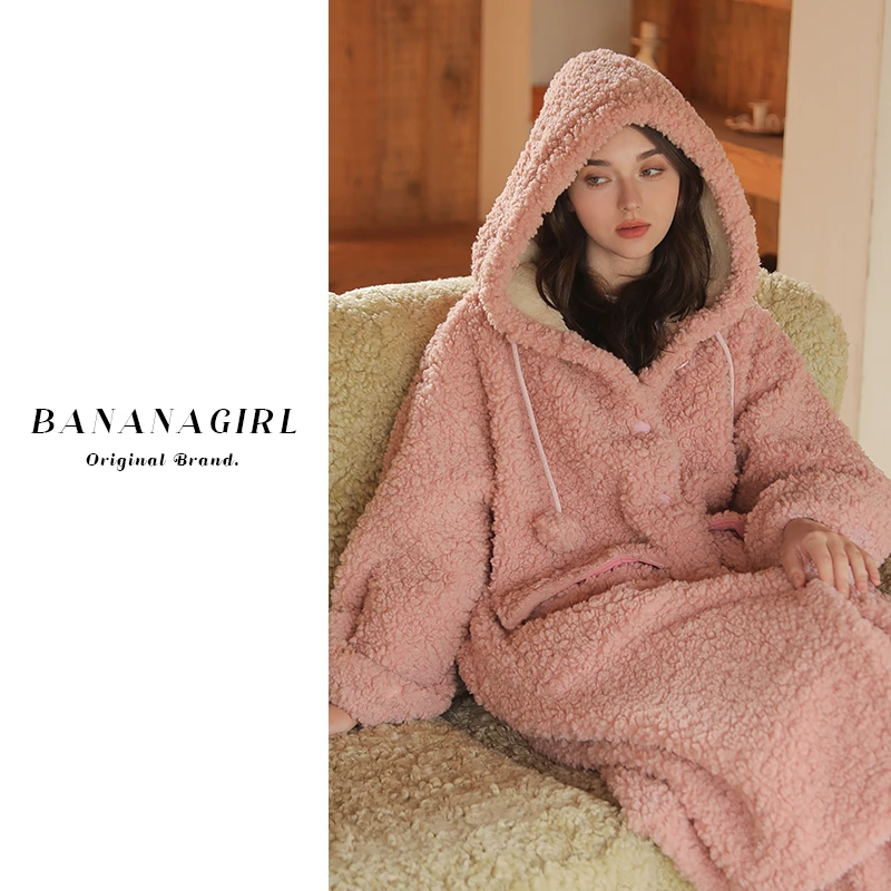 Bananagirl【粉桃乌龙】睡衣女秋冬中长款睡袍加绒加厚家居服可外穿