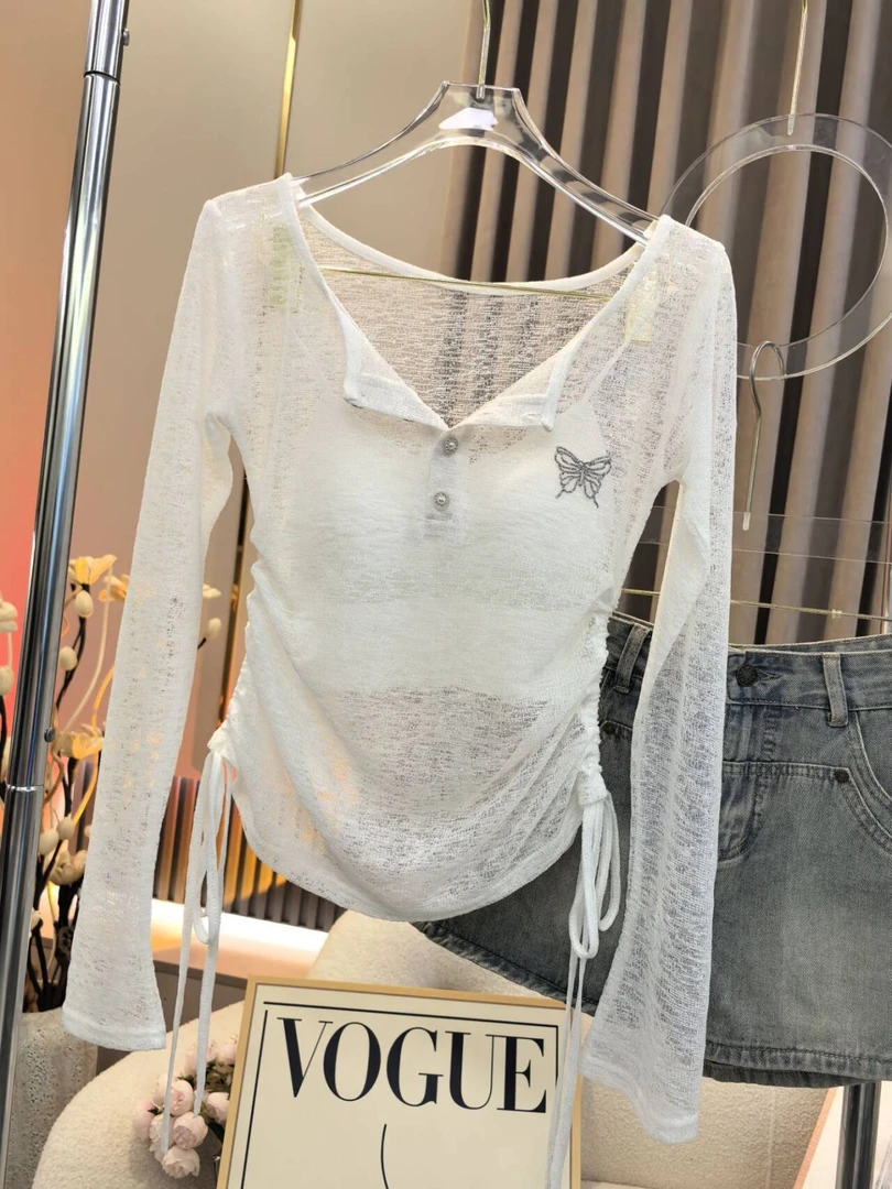 【A9968港韩】2025夏季修身显瘦蝴蝶防晒纯欲修身上衣+美背两件套